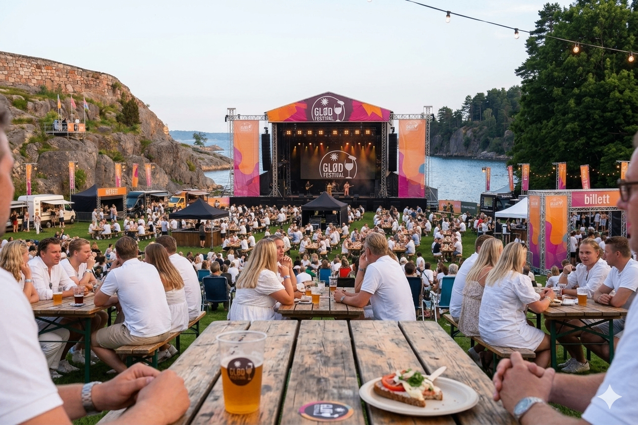 Folkemengde foran scenen i Bendiksbukta